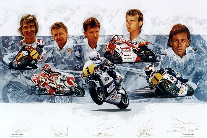 Sammler Poster Bild 5 Motorradweltmeister mit Autogramm Spencer Lawson Ryiney, Garnder Schwantz