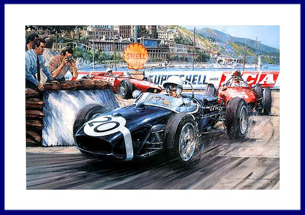 Poster Formel 1 Monaco Grand Prix 1961 Stirling Moss Lotus 18 mit 3 Autogrammen am Druck Bild
