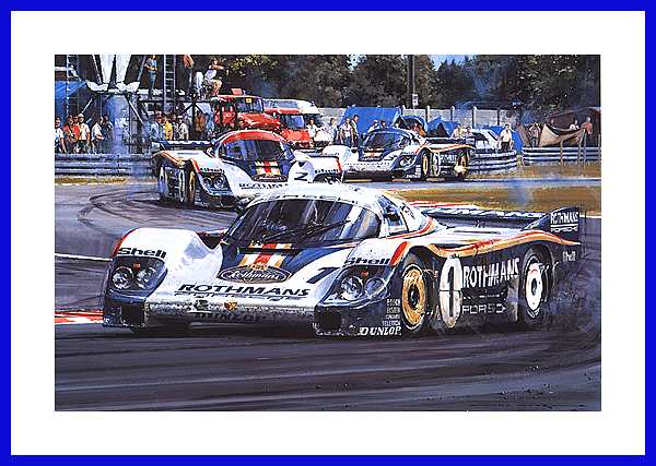 Poster Porsche Dominanz 956 Turbo Rothmans Le Mans mit 6 Fahrer Autogramme am Bild