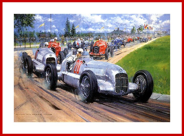 Poster Bild Mercedes Silberpfeil Geburt 1934 Nürburgring Grand Prix  mit Autogramm Brauchitsch