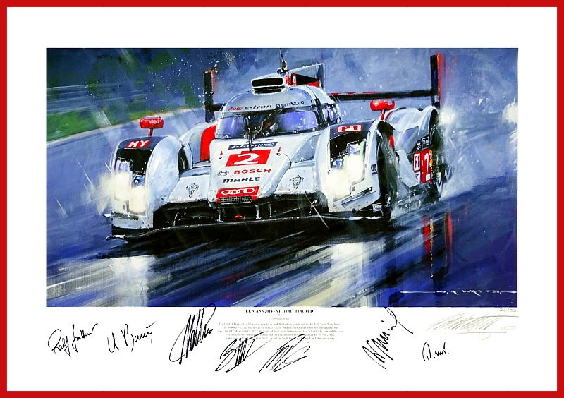Poster Audi R18 etron quattro Le Mans 2014 mit 7 Rennfahrer Signaturen