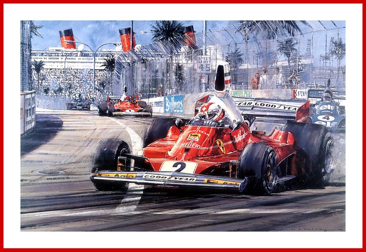 Formel 1 Poster Clay Regazzoni Sieg Long Beach 1976 Ferrari Formel 1 mit Autogramm am Kunstdruck